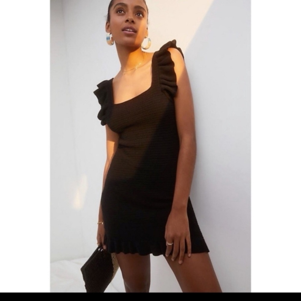 Anthropologie Ruffled Pointelle Mini Dress In Black Sz XL - Picture 2 of 16